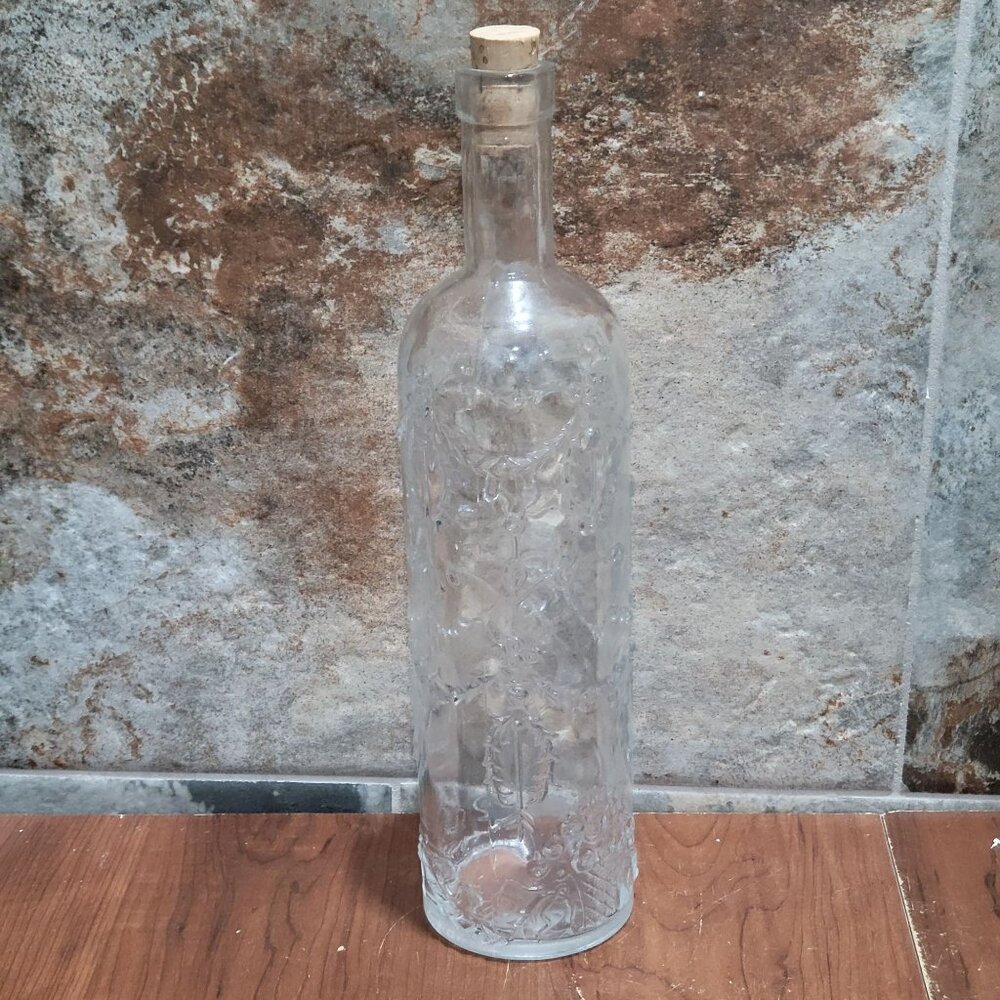 Vintage Clear Italian Glass Bottle Embossed Floral Design